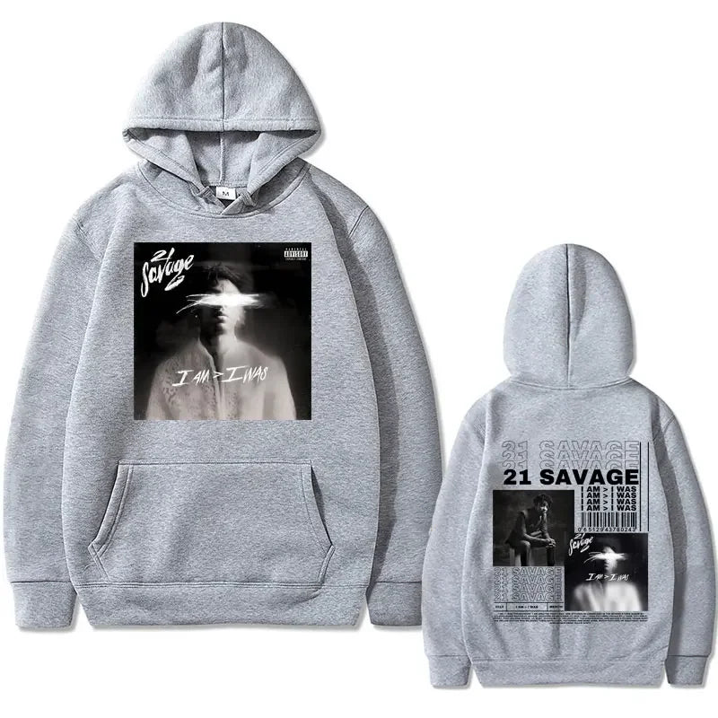 Rapper 21 Savage I Am I Was Music Album Graphics Hoodie Men Hip Hop Vintage Oversized Sweatshirts Male Fleece Hoodies Streetwear